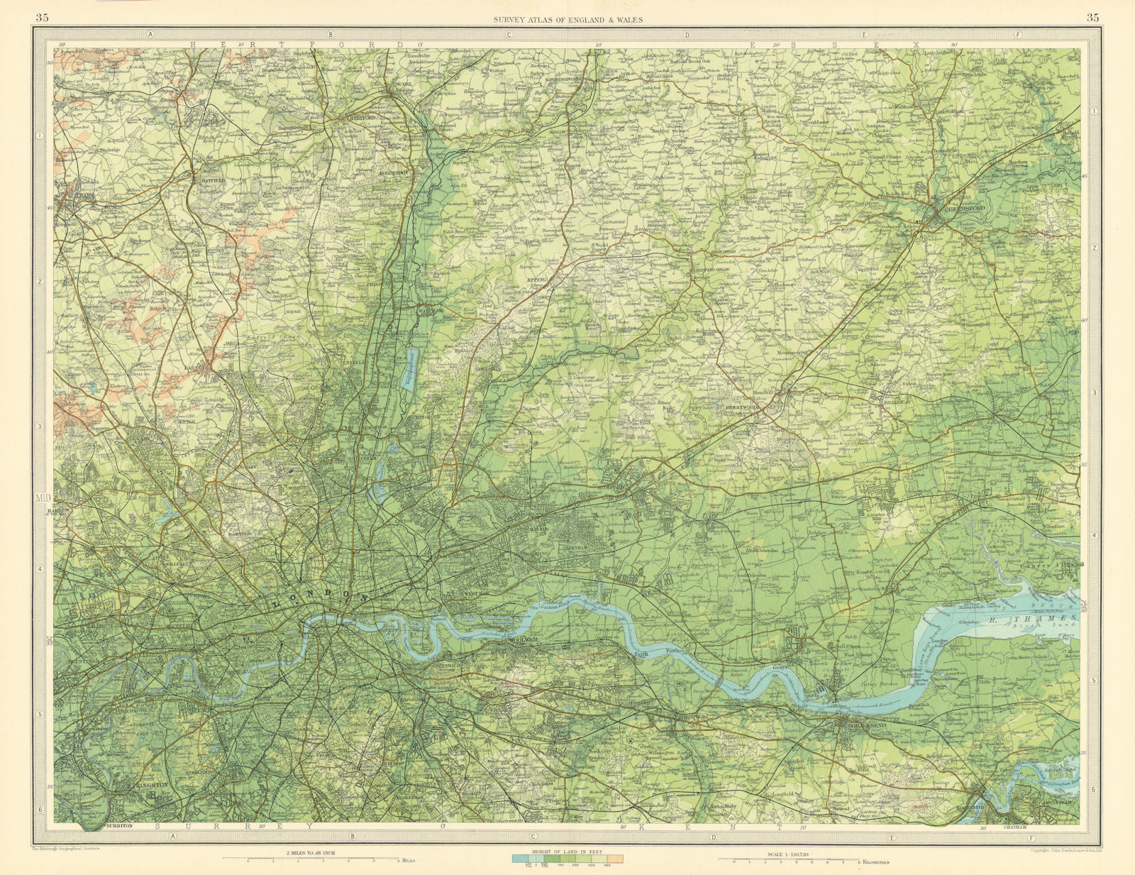 LONDON & SW ESSEX Gravesend Romford Chelmsford Hertford St Albans LARGE 1939 map